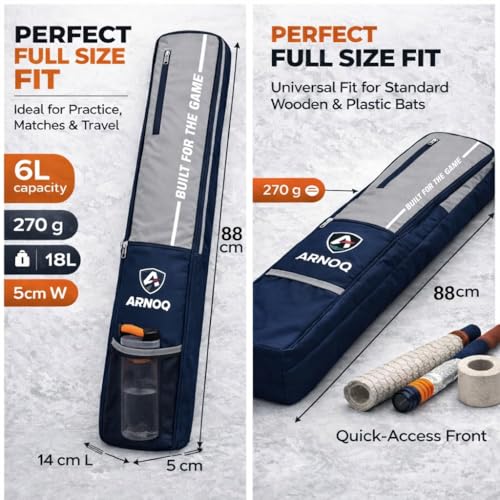 Image of Pro Cricket Bat Cover Full Size with Shoulder Strap, Water-Resistant & Lightweight, Quick Acess Pockets for Wooden & Plastic Bats (Grey)