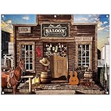 Luminora Stoff-Fotografie-Hintergrund mit Western-Cowboy-Motiv, rustikale Country-Bar, Holzhaus, Wild-West-Hintergrund, für Kinder und Erwachsene, Party-Dekoration, Foto-Banner-Stand, 2,43x1,8m