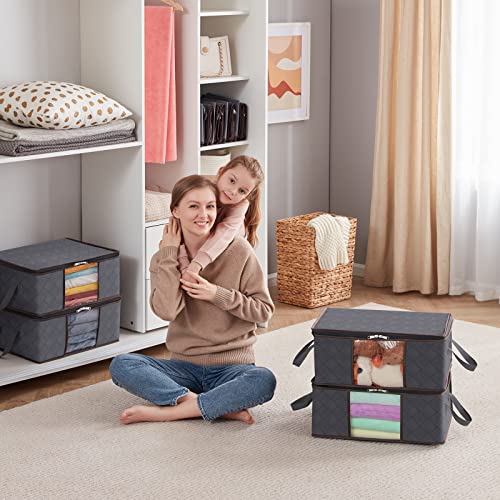 Lifewit Lot de 3 Sac de Rangement Vetement 35L, Boîte de Rangement Sous lit Pliable, Housse Rangement Couette Organisateur de Placard, Fenêtre Transparente en Tissu Solide pour les Vêtements, Gris