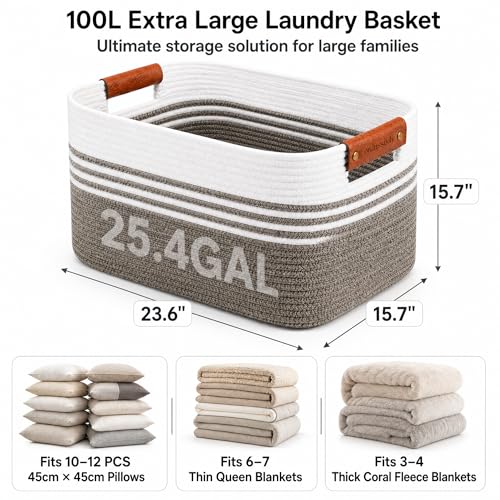 Image of Cotton Rope Laundry Basket Extra Large, 25.4GAL Collapsible Woven Storage Baskets for Living Room Kids Toys Stuffed Animal,Boho Rectangular Decorative Hamper for Dirty Clothes, Blankets Dark Brown