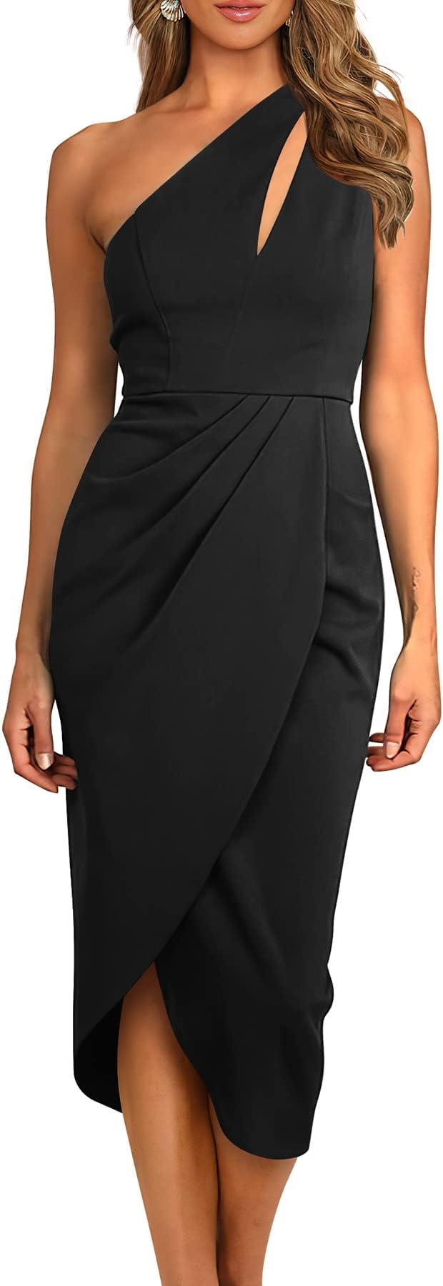 PRETTYGARDENWomen's One Shoulder Ruched Bodycon Dress 2024 Summer Cutout Slit Wrap Party Cocktail Midi Dresses
