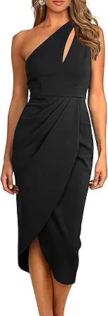 PRETTYGARDEN Women's One Shoulder Ruched Bodycon Dress 2024 Summer Cutout Slit Wrap Party Cocktail Midi Dresses