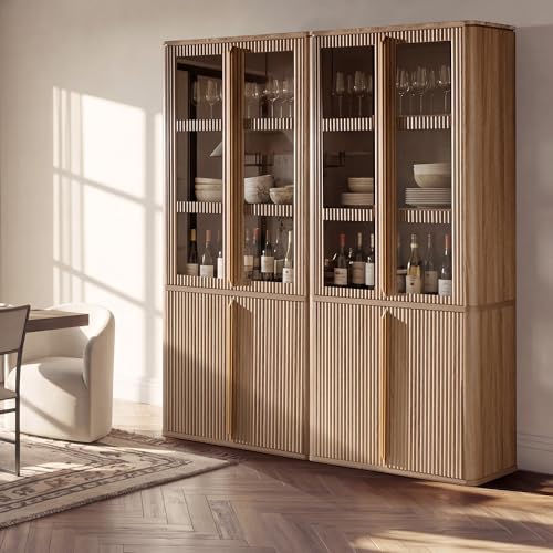 77" Tall Storage Cabinet - Fluted Pantry Cabinets with Glass Doors, Wooden Kitchen Food Cupboard, Adjustable Shelves, Modern Display Storage Closet for Living Room, Dining Room, Office, Oak 2pcs