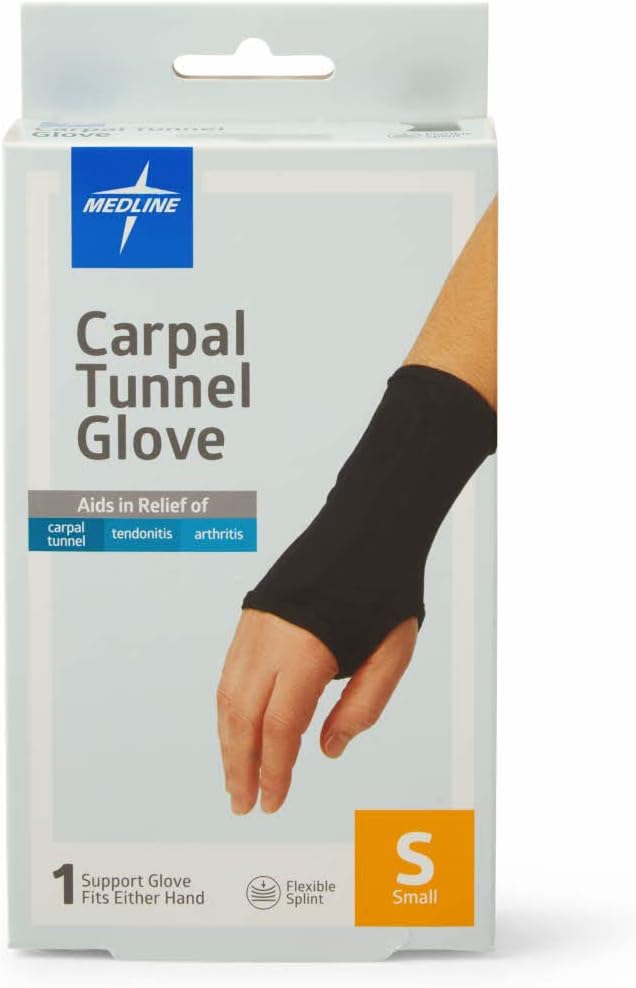Medline Carpal Tunnel Glove with Flexible Splint, Breathable Cotton/Spandex, Black, Size S, Up to 3.25 Inches, One Each