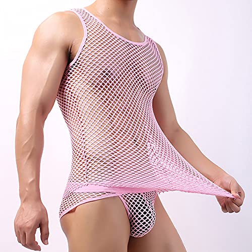 Abafip Men's Sleeveless Fishnet Tank Top Mesh Sheer Undershirt Semi See Thru Workout Gym Slim Fitted Muscle Tee Shirt Clubwear Pink Medium #TOP3
