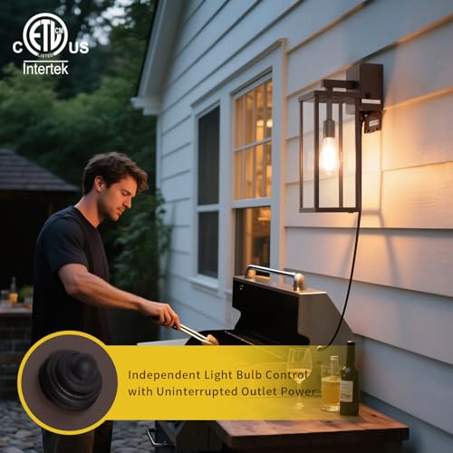Image of mirrea 18 inch Classic Outdoor Wall Sconce with Built-in GFCI Outlet 1 Light in Oil Rubbed Bronze Rectangular Metal Frame and Clear Glass Shade Waterproof Porch Light Patio Light