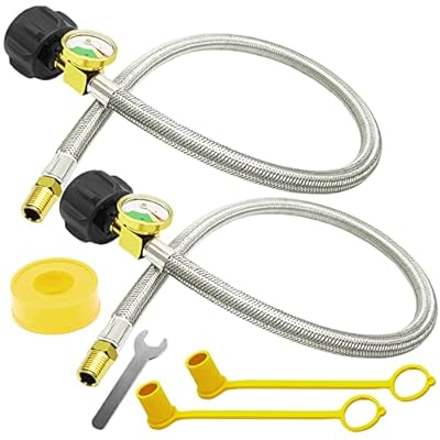 GardenNow 2 PCS RV Propane Hoses with Gauge, 24 Inch Stainless Steel Braided Camper Tank Hose, Rv lp Gas Hoses Connector for Standard Two-Stage Regulator, 40Lb 250PSI, 1/4" NPT /QCC1 Fittings