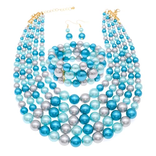 Faux Pearl Necklace Set - Multi Strand, Bib, Earrings & Bracelet - 1920s Costume Jewelry