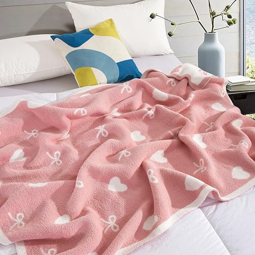 Image of Elegant Comfort Valentine's Day Knit Throw Blanket, Hearts and Bows Super Soft Cozy Fluffy Warm Throw Blankets for Couch, Sofa, Chair, Bed, Camping, Picnic, Travel Lightweight Bed Blanket (50 inch x 70 inch)