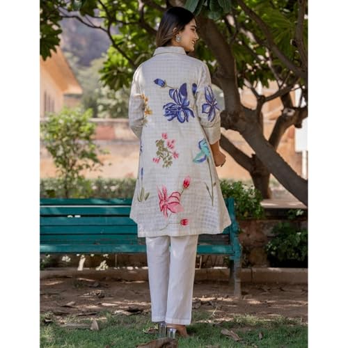 Image of Women's Floral Digital Print Cotton Pant Suit Set, Off-White, Asymmetric Shape, Shirt Collar, 3 /4 Sleeves, Above Knee Flared Hem Top, Elasticated Waist Trousers