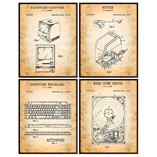 Vintage Computer Patent Art Prints, Monitor, Keyboard, Hard Drive, Mouse Wall Art Poster Set - Chic Home Decor for Office, Man Cave, Den, Bedroom, Living Room - Gift for Tekkie Nerds - 8x10 Unframed
