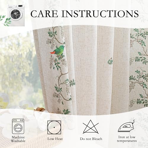 Image of MYSKY HOME Boho Curtains for Bedroom 63 Inch Long Linen Blended Semi Sheer Back Tab Drapes Leaf Bird Bohemian Style Texture Window Treatment for Living Room Decoration, 2 Pcs, Green, 50 inch Wide