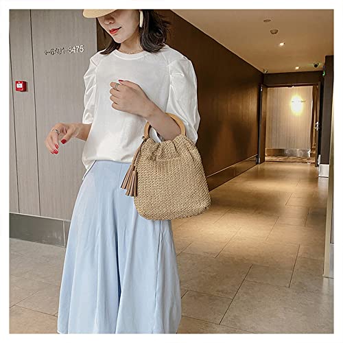 Bolso tote grande de paja tejido con asa redonda de madera miniatura 2