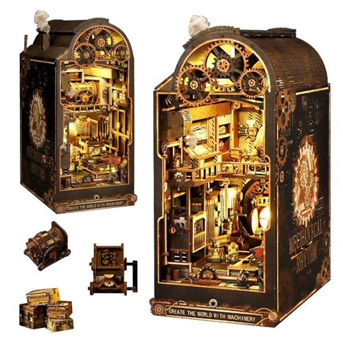 OurMiao Book Nook Kit Mechanical Rhythm, DIY Booknooks Kit for Adults with Sensor Lights, Bookshelf Diorama Miniature Scenes Insert Decor, 3D Puzzle Miniature House Kit Gift for Men Teens Family