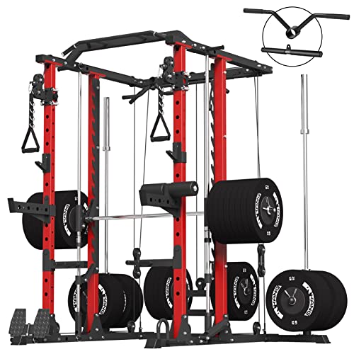 ER KANG Smith Machine, 2000lbs Strength Training Cage with Cable Crossover System, Multi-Function with Olympic Weights, Linear Bearing Workout Machine for Home Gym