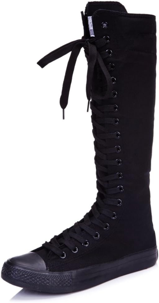 rismart Women's Lace Up Cute Knee High Costume Canvas Boots SN811(Black,US7)