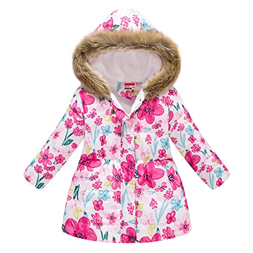 Girl's Floral Print Winter Coats Fleece Lined Hood Jacket Parkas Outwear Thick Warm Windproof Jackets Coat 2-10 Years
