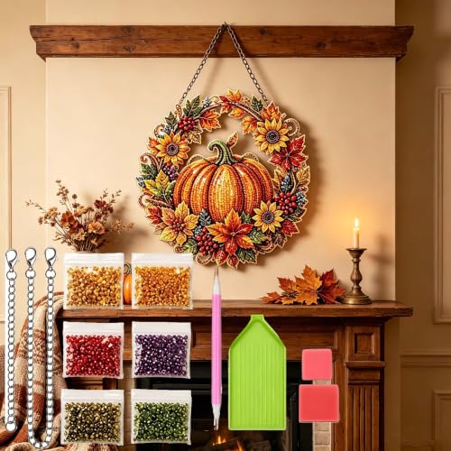 Autumn Harvest Pumpkin Diamond Art Hanging Ornament Kit DIY Fall Pumpkin Craft with Sunflowers DIY Diamond Art Hanging Sign Acrylic Diamond Painting Window Hanging Decor for Window Home Garden Wall
