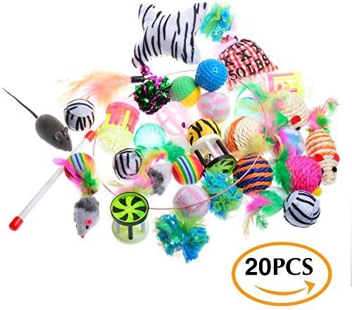 LEDAN PET Cat Toys Variety Pack - 20 Assorted Pieces Cat Wand, Ball Toys, Teaser Mice, Bells, Crinkle Balls, Catnip Toys - Gifts for Cats Kitten Best Kitty Toys Exercise