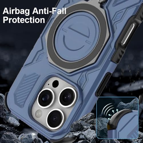 Image of KARWAN Tough Shockproof Armor Back Case Cover Compatible with iPhone 16 Pro Max with 360 Degree Rotation Magnetic Attraction Ring, Holder Heavy Duty Cover with MagEaze Wireless Charging (Blue)