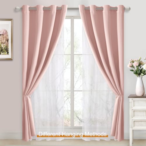 Image of DWCN Pink Blackout Curtains with Sheer Overlay with Tiebacks 96 Inch Long | Floor to Ceiling Double Layer Drapes for Living Room, Girls Bedroom, Nursery, Grommet Top, 52 inch Wx96 inch L, Rose Blush, 2PCS
