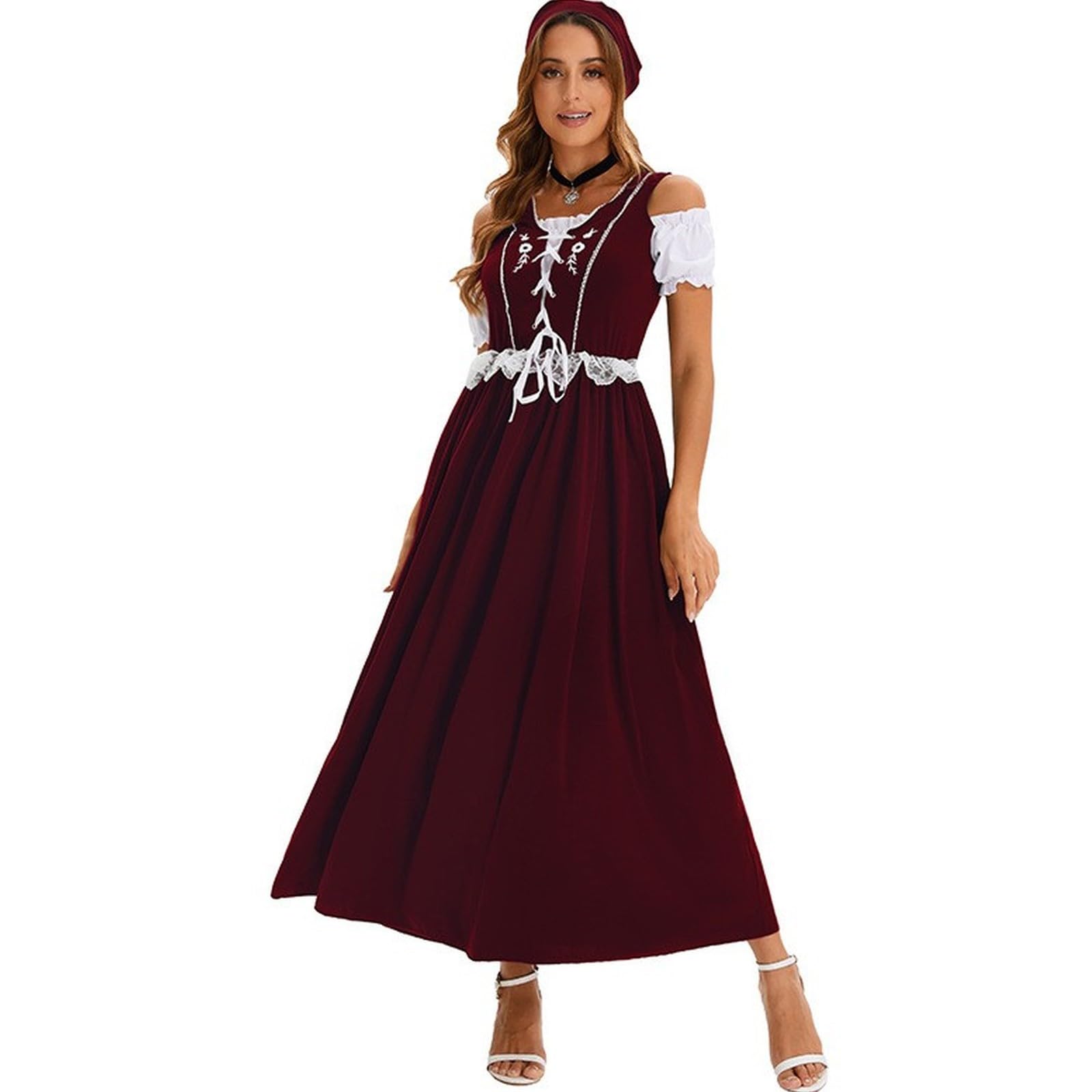 Dirndl Lang Damen Festlich Maxi Dirndl-Komplettsets Trachtenkleid Damen Lang Set Ohne Schürze Oktoberfest Outfit Frauen Kleider mit Spitze Dirndlkleid inkl. Dirndlbluse und Kopftuch
