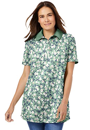Woman Within Plus Size Perfect Printed Short-Sleeve Polo Shirt - 5X, Sage Blossom Vine