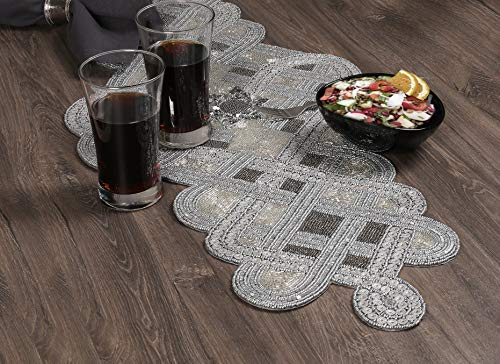 Handmade Fancy Scrolled Embroidery Beaded Table Runner For Tabletop And Kitchen Grey/Silver - Home Decor Mat For Wedding Party Baby Shower Holiday Family Gathering - Pack Of 1 Measure 15.5 X 35 Inches #TOP5