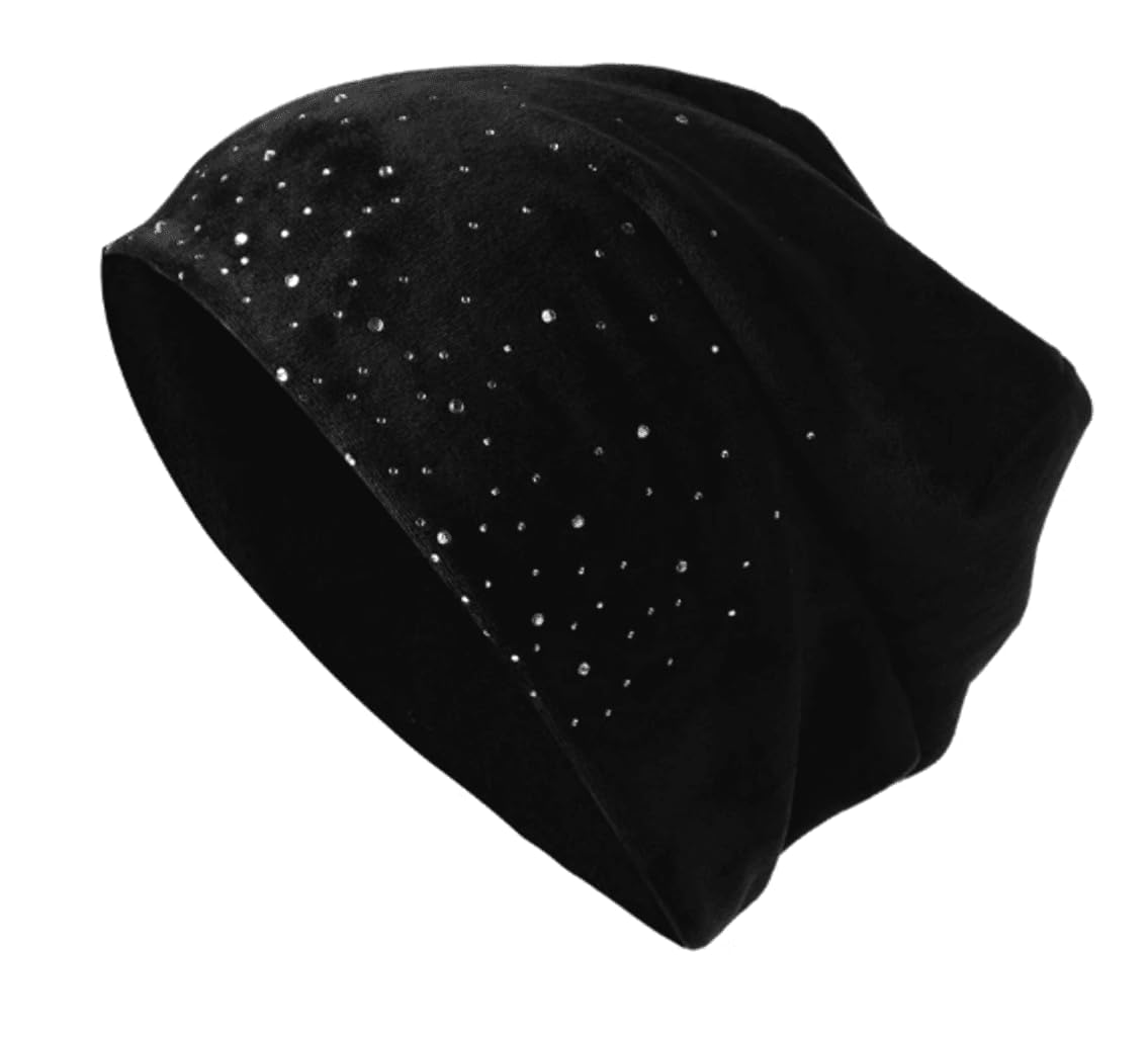DJC Boutique Chemo Headwear Beanie Hat for Women Supersoft Velour Sparkle Cap Turban Bandana Black