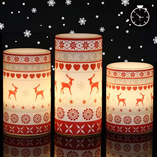 Image of GenSwin Flameless Flickering Led Candles Battery Operated with 6 Hours Timer, Real Wax Pillar Candles Warm Light Love Deer Decal Decor Gift(Pack of 3)