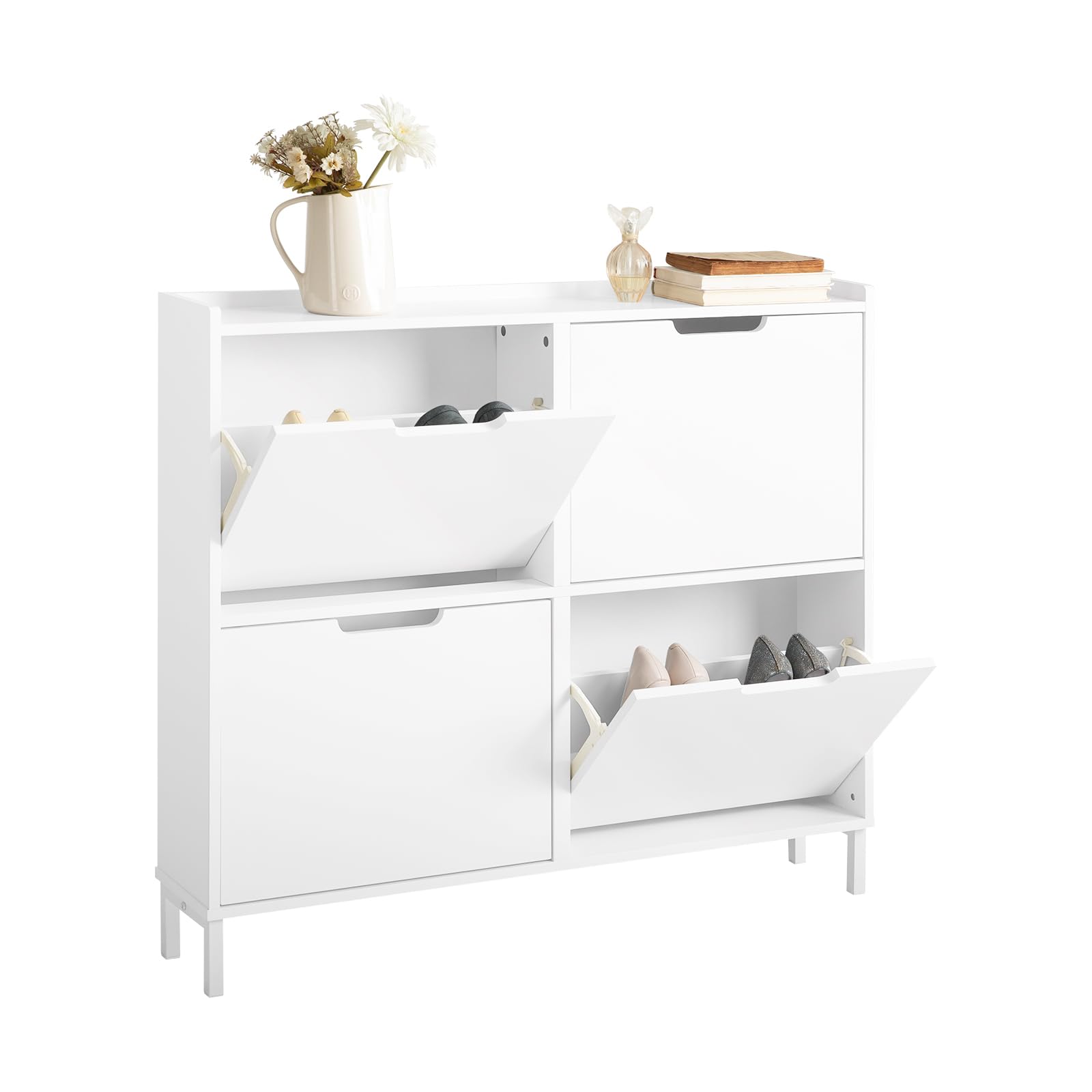 SoBuy Scarpiera Salvaspazio Slim da Ingresso Mobile Portascarpe con 4 Ante a Ribalta Regolabili in Legno Armadio Scarpiera Alta e Stretta per Corridoio, 100x19x91 cm，Bianco, FSR100-W