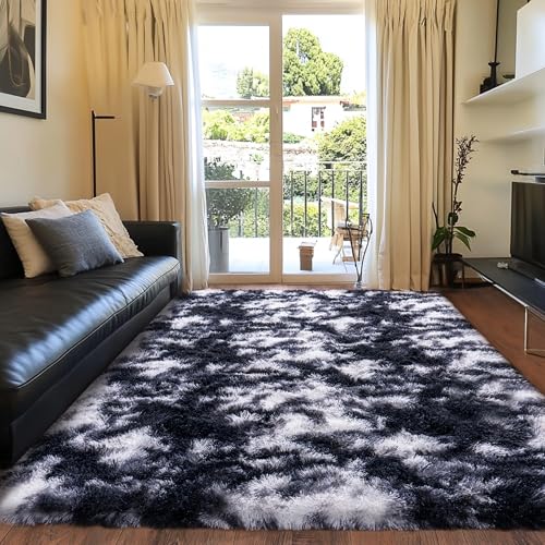 Quntue Black and White Rug for Bedroom, 5x7 Area Rug for Kids Room, Bedside Indoor Floor Fluffy Shag Carpet, Plush Soft Rug for Living Room Nursery Dorm Home Decor