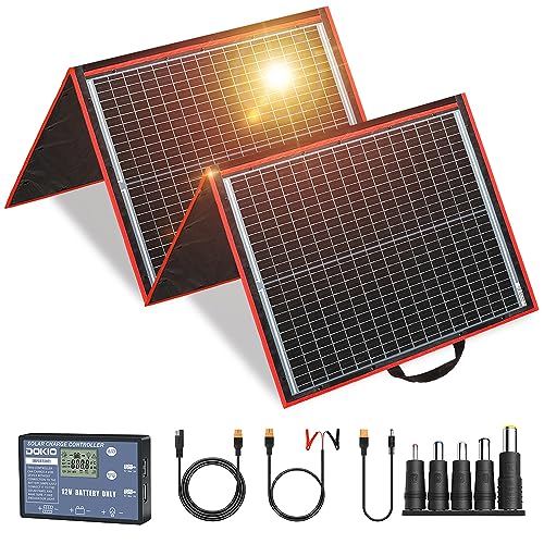DOKIO 150W Portable Foldable Solar Panel Kit, Compact 21x20in Design 7.3lb with Standalone Controller and USB, Monocrystalline Charger for 12V Batteries, Power Stations, RV Camping Emergency Use