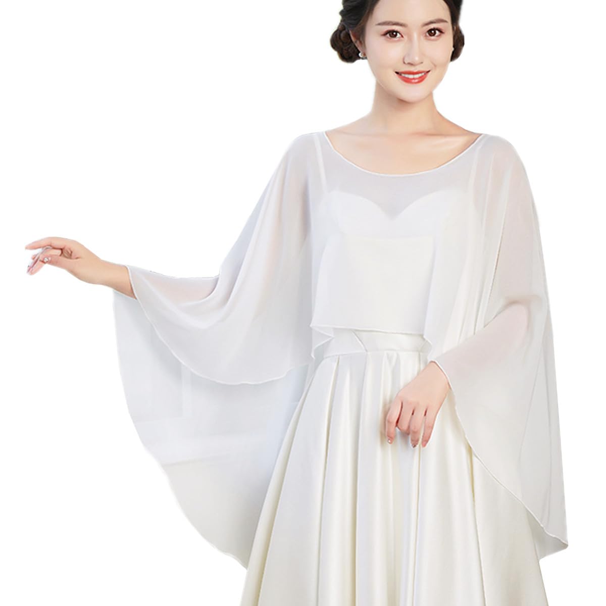 TouKingda Sheer Chiffon Shawl Cape for Women, High Low Capelet Long Shawl and Wrap for Wedding Dresses Bridal Bridesmaid Bolero Shrug Cover Ups for Evening Party Dress Elegant Sunblock Shawls (White)