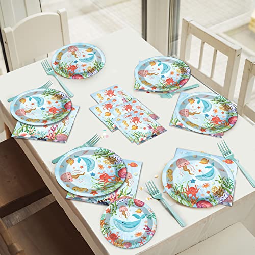 Image of 96 Pcs Under The Sea Plates and Napkins Party Supplies Ocean Birthday Party Tableware Set Ocean Animal Underwater Sea Life Party Decorations Favors for Birthday Shower for 24 Guests