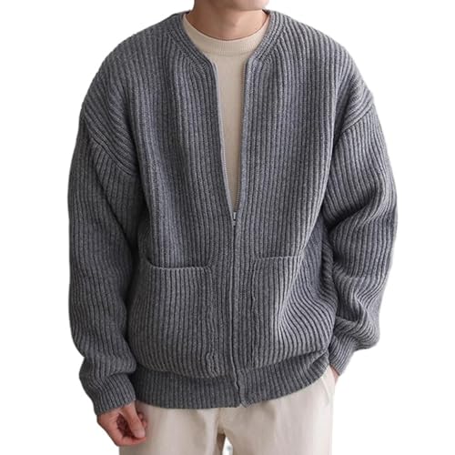 Mens Full Zip Cardigan Sweater Knit Crew Neck with Pockets Ribbed Casual Sweater