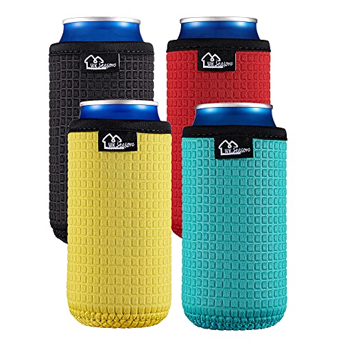 WK IEASON 12oz Slim Can Sleeves Insulators Tall Can Kooize Neoprene Slim Can Covers 12OZ Beer Bottle Sleeves Coolers Non-slip Neoprene Can Coolier Sleeves 4PC Pack (12OZ slim, Black/Red/Yellow/Blue)