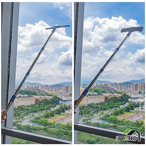 ITTAHO Window Squeegee Cleaner Tool,Window Cleaning Kit with Extension Pole,12" Squeegee and 11" Microfiber Scrubber Combi,Window Washing Equipment for Car, Indoor,Outdoor, High Windows-2 Pads
