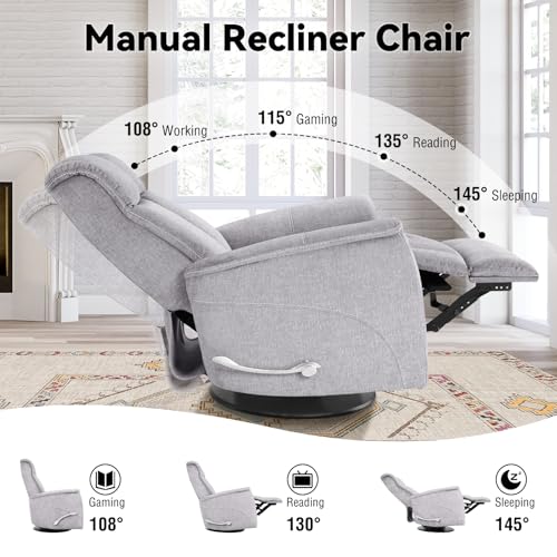 Image of Susalt Swivel Rocking Recliner, 360 Manual Comfy Nursery Glider Rocker Chair for for Adults, Upholstered Soft Fabric Reclining Chair with Lumbar Support for Living Room (Silver Grey)