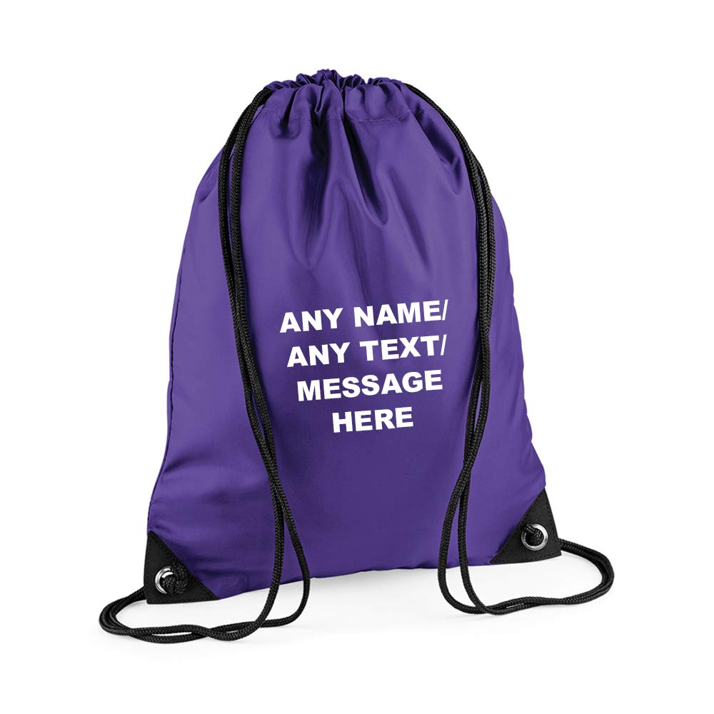 Getagift Personalised with your Own Any Name/Message/Text Premium Drawstring Bag, PE Gym Kit School, Swimming, Birthday/Secret Santa, PE Kids Sport Rucksack. (Purple)