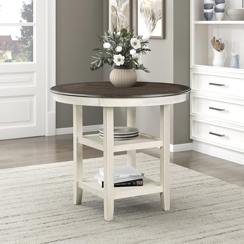 Lexicon 42-Inch Dia. Round Counter Height Table for 4 People, Counter Height Dining Table with Storage Base, Acacia Veneer, Wood Frame, for Home/Kitchen/Dining Room, Brown/Antique White