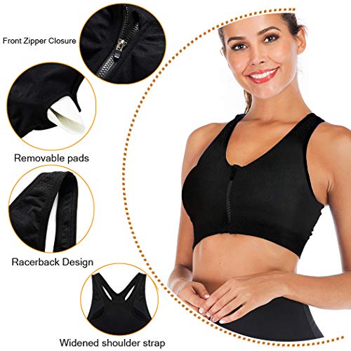 Women Zip Front Closure Sports Bra Medium Impact Push Up Wirefree Yoga Bras Racerback Workout Gym Bra Top Black #TOP1