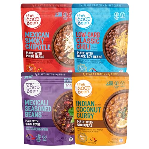 The Good Bean Heat and Eat Pouch - Variety Pack - (Pack of 4) 10 oz Pouch - Mexican Smoky Chipotle, Low-Carb Classic Chili, Mexicali Seasoned Beans, and Indian Coconut Curry