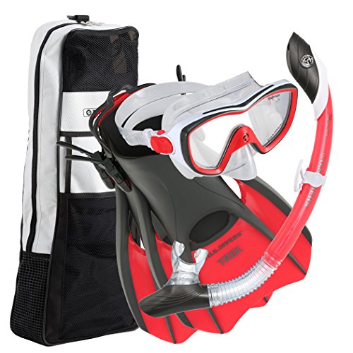 U.s. Divers Women's Silicone Diving Mask Dry Top Trek Travel Fins Gear Bag Diva Ii Snorkel Set, White, Medium #TOP14
