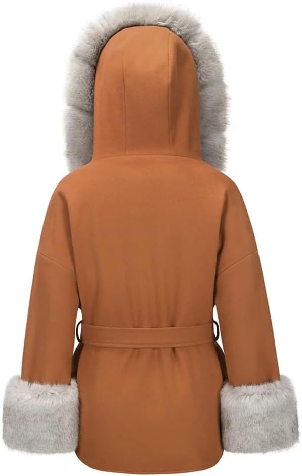 Womens Short Insulated Jacket Wool and Blends Fur Collar Hooded Jacket Thickened Loose Coat