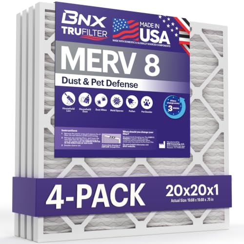 Image of BNX TruFilter 20x20x1 Air Filter MERV 8 (4 Pack) - MADE IN USA - Dust & Pet Defense Electrostatic Pleated Air Conditioner HVAC AC Furnace Filters for Dust, Pet, Mold, Pollen MPR 600 - 700 & FPR 5