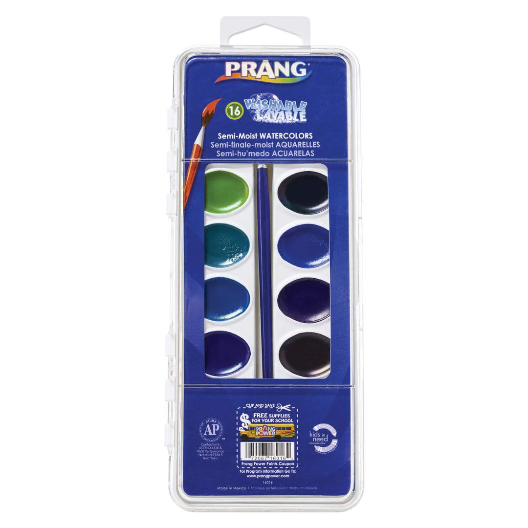 Prang Waschbare, halbfeuchte Aquarellfarben, oval, mit Pinsel der Größe 6, nicht nachfüllbar, 16 verschiedene Farben, 6 Stück