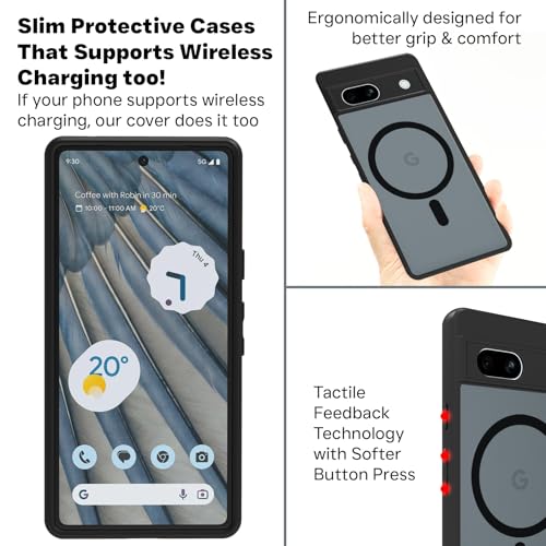 Image of RIGGEAR Shockproof Sleek Hybrid Armor Back Cover Case Compatible with MagSafe Accessories for Google Pixel 7A (Smoke Black Matte PC + Black TPU Bumper)