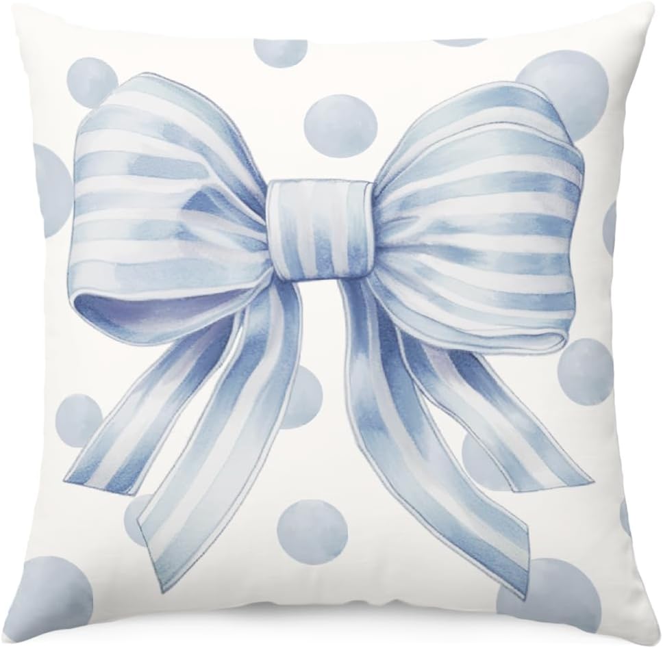 Blue Bow Pillow Cover, Preppy Coquette Bedroom Decor for Girls