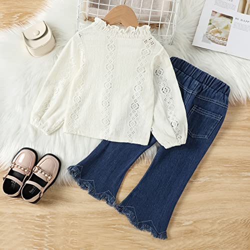 Toddler Baby Girl Fall Winter Outfits 2Pcs Denim Flare Jeans Puffy Sleeve Shirts Leather Pant Mesh Tulle Sweatshirt Kids Long Sleeve Clothes Ankle Length Pant Sets Cream + Flare 3-4 Years #TOP6